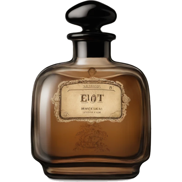 English vintage glass perfume bottle from my aristocratic grandmother, exquisite bottle shape, old and shabby, with label, stylish and minimalistic, black and brown emoji