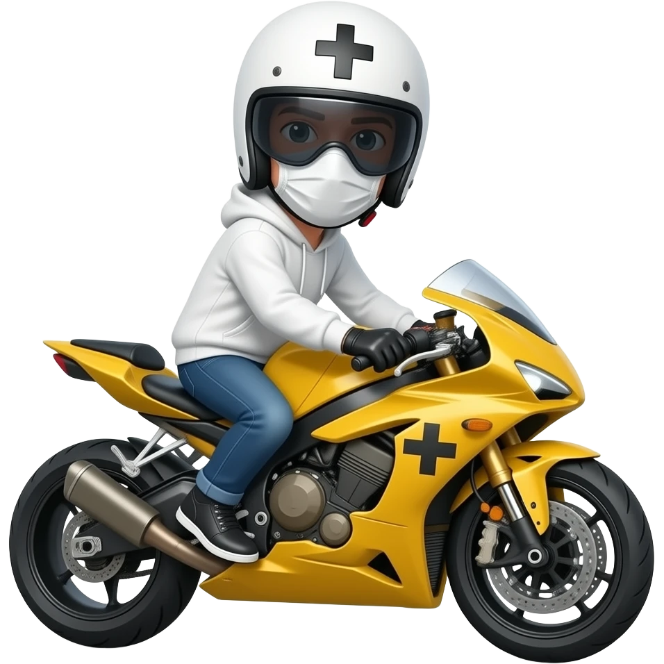 man wearing blue jeans, a white hoodie, black black gloves, a white crosshelmet with a dark eyes shield and a white mask on a yellow cross motorcycle emoji
