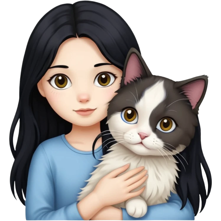 A girl with long black hair holding a cute ragdoll cat emoji
