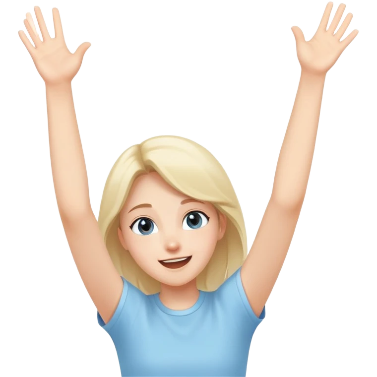 girl wearing pastel blue clothes with arms raised in excitement making a hurray celebration gesture emoji
