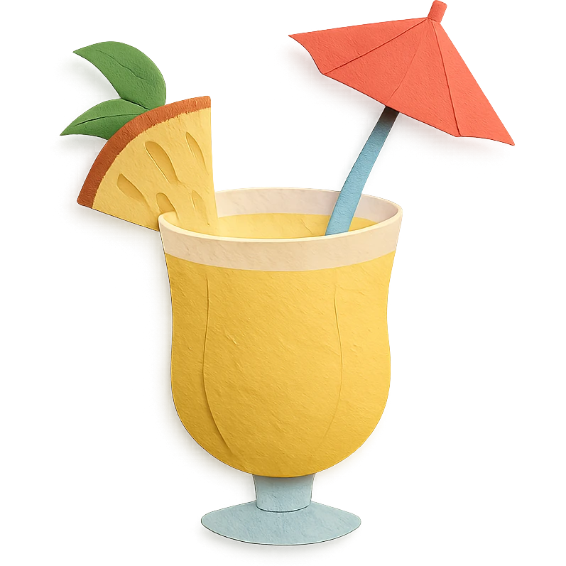 pina colada cocktail with a paper umbrella and pineapple garnish in paper-craft style emoji