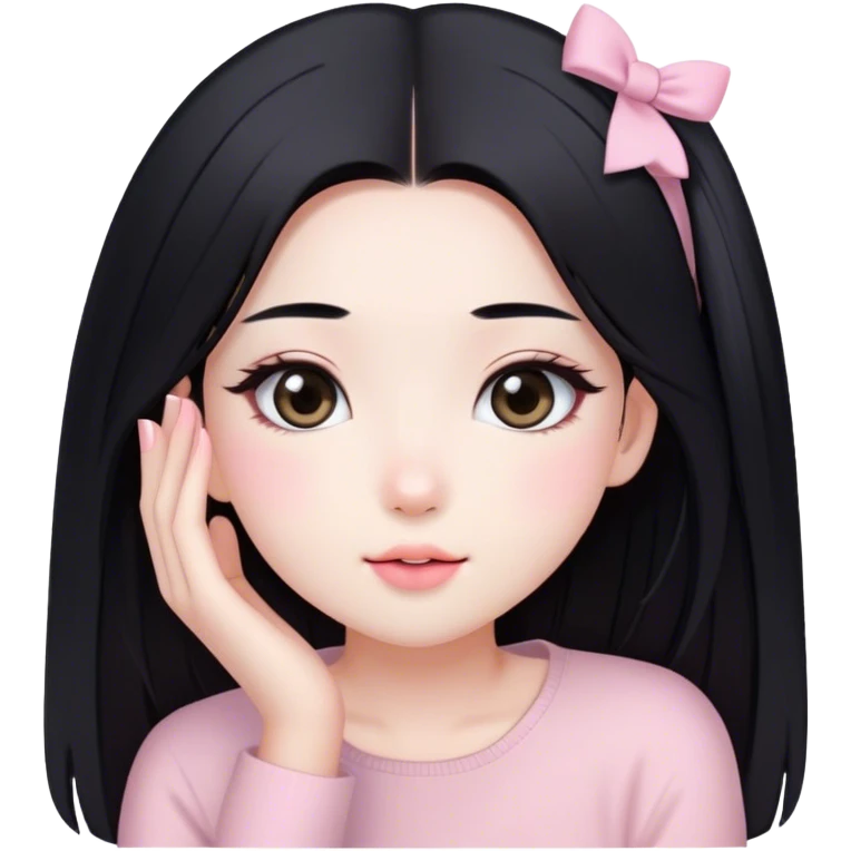 soft pink beauty vlogger girl fair skin with long straight hair. natural makeup like korean girls, black hair emoji