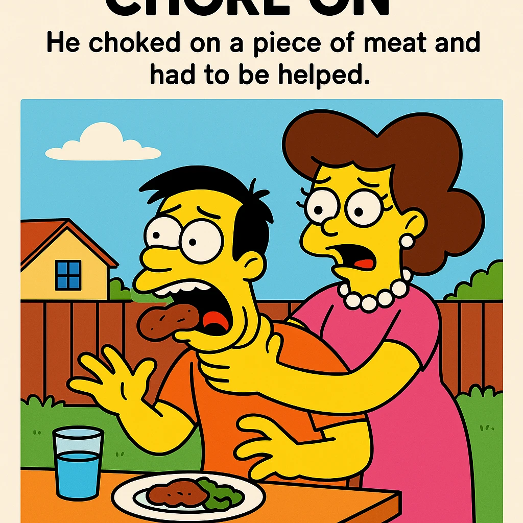 Choke on – to have something stuck in your throat.
He choked on a piece of meat and had to be helped.
 emoji