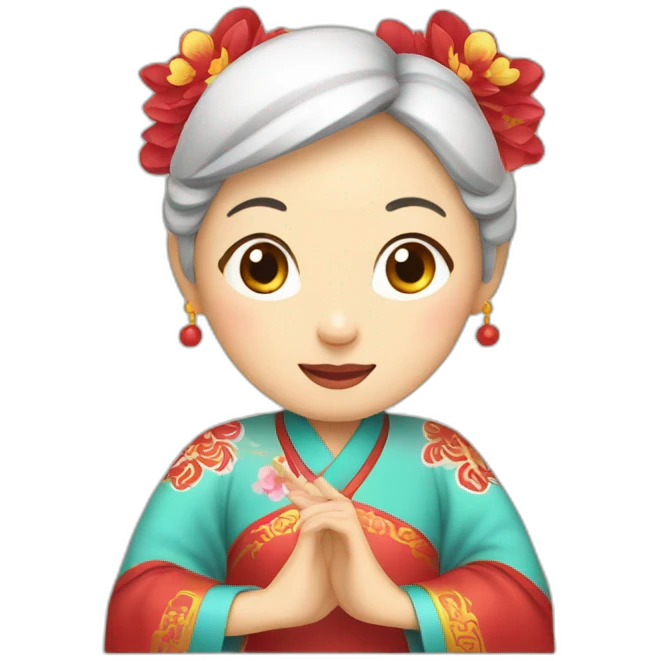 Chinese middle aged lady wear Chinese traditional dress  with a sign of agreeable and peace gesture emoji