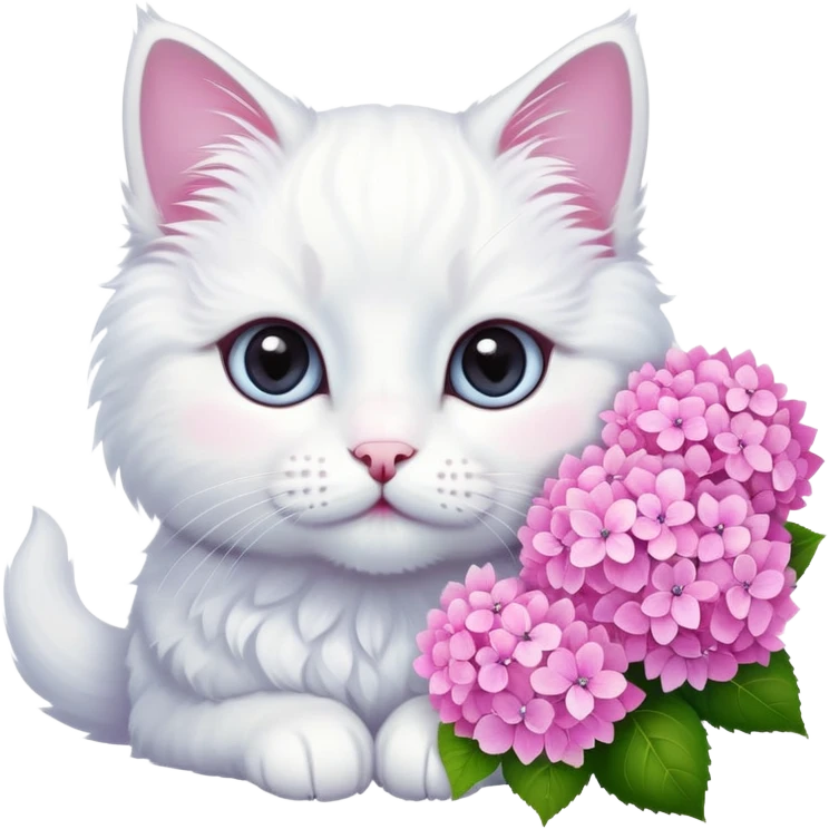 Cute white cat with bouquet of pink hydrangeas  emoji