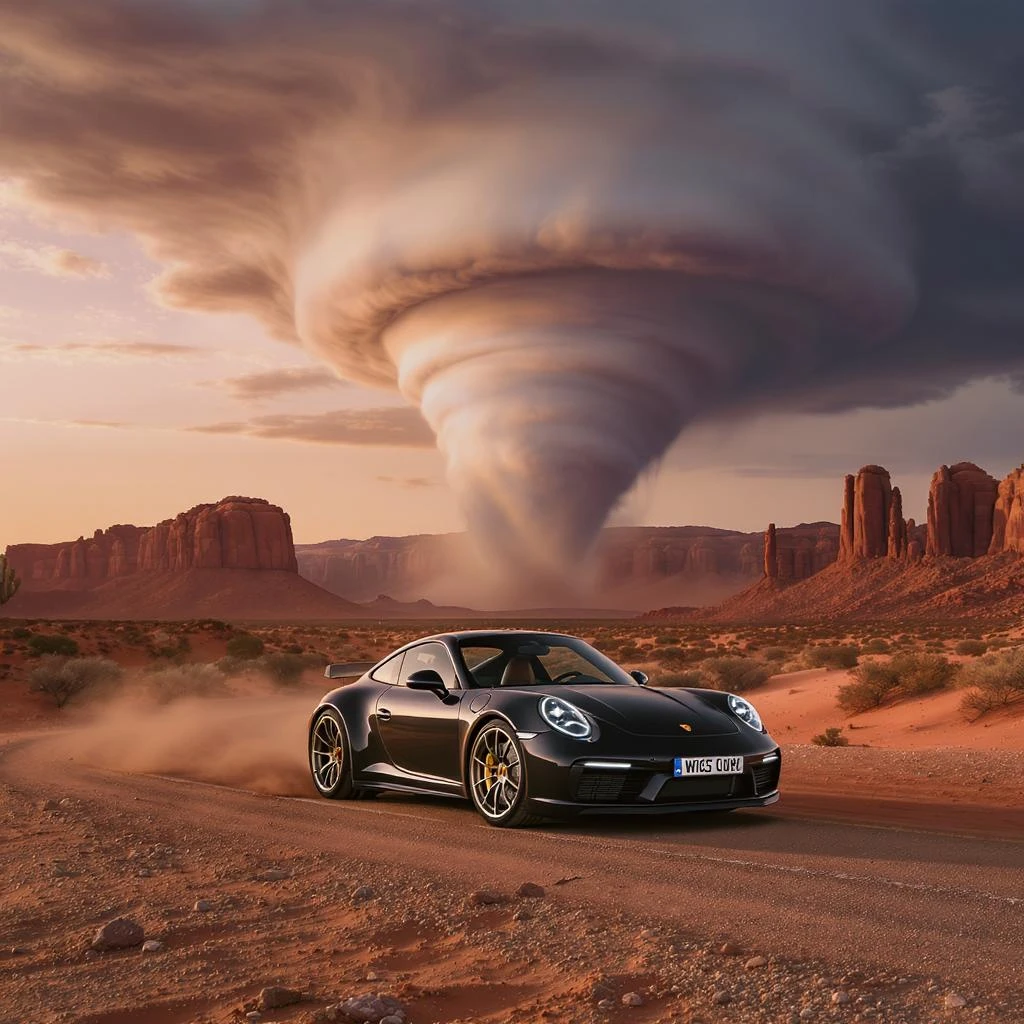 Cinematic still of a A modern desert mountain, wallpaper, modern, porsche 911, sunset, arizona desert, tornado in background emoji