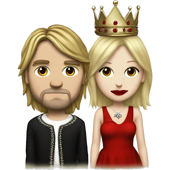 Kurt Cobain (no Beard, red and vlack sweater) and Courtney Love (White dress, crown, red lips) emoji