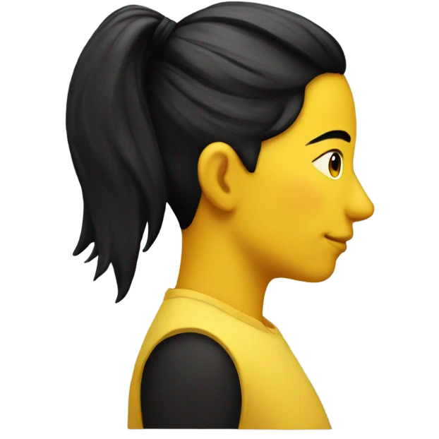 Yellow emoji side profile with pointy nose, a black ponytail, and a vlack dot on the side of the face  emoji