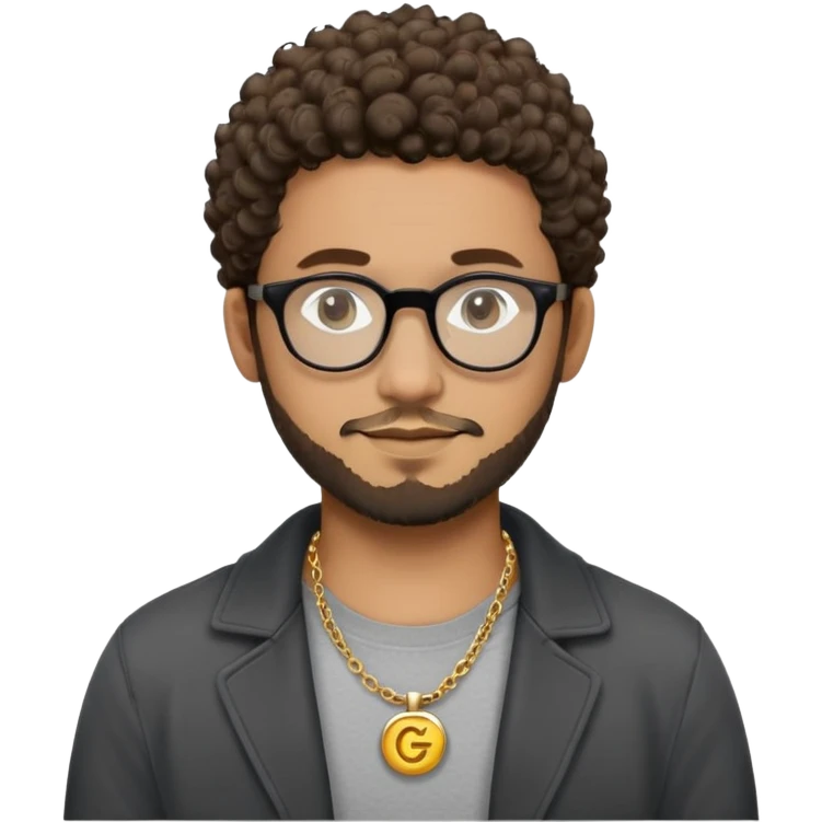 Hombre latino piel marron claro, cara estirada ovalada, gafas redondas oscuras, barba corta, pelo corto rizado. Sonrisa leve, expresión tranquila. Camiseta gris, jacket negro abierto, collar G dorado emoji