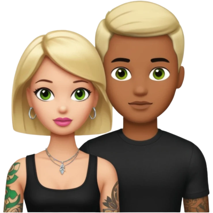 Brown skin blonde hair brown eyed barbie with her pale boyfriend with black short hair and green eyes with tattoos emoji