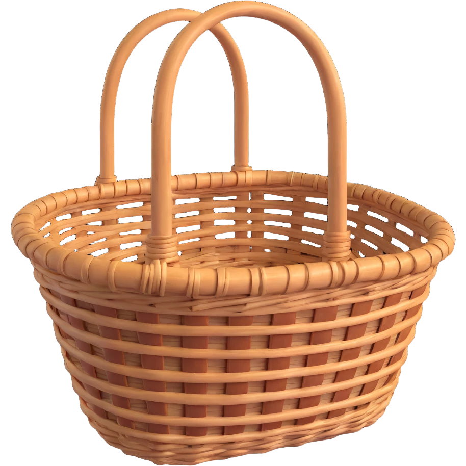 wicker basket, 3D, rustic, tall and narrow, rough texture, no text emoji