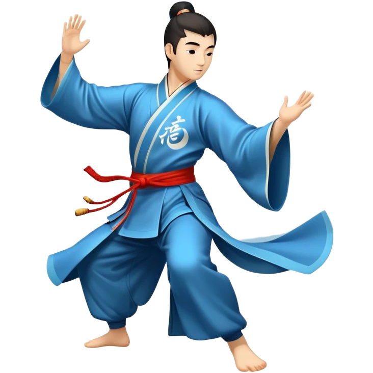 Emblem symbolizing Wushu martial arts. A graceful martial artist performs a dynamic kung fu pose, with flowing movements and a long, elegant robe. The background features stylized clouds and traditional Chinese symbols, representing fluidity, balance, and precision. Transparent background. emoji