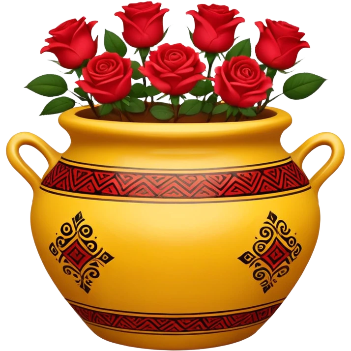 Yellow ceramic pot with red roses; the pot is decorated in an ethnic style. emoji