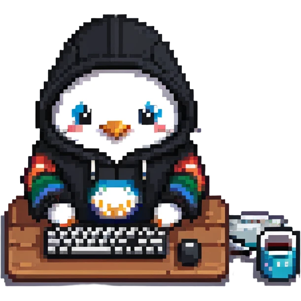 A cute penguin wearing a cozy hoodie typing on a computer keyboard emoji