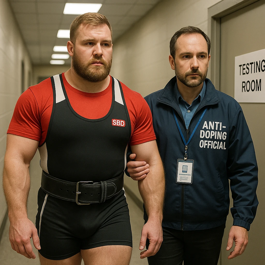 European powerlifter in competition clothing escorted by anti-doping official to test room, control atmosphere, realistic details, corridor or federal area background. emoji