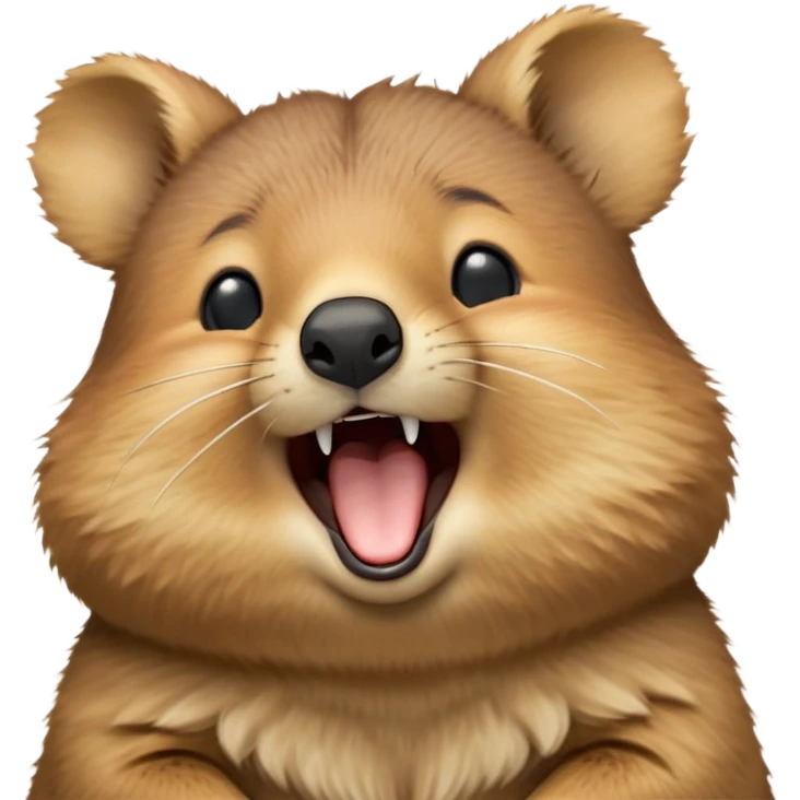 cinematic-realistic  yawning quokka-emoji,-small-round-frame, head tilted in an endearing manner, wouth wide open yawning, sleepy comical smile, round cheeks, giant-fluffy-cheeks-large-smile-fluffy-brown-fur-radiating-a-warm-softness,-big-round-eyes-filled-with-joy, realistic round  fluffy zoomed in, large black eyes one paw raised in the air emoji