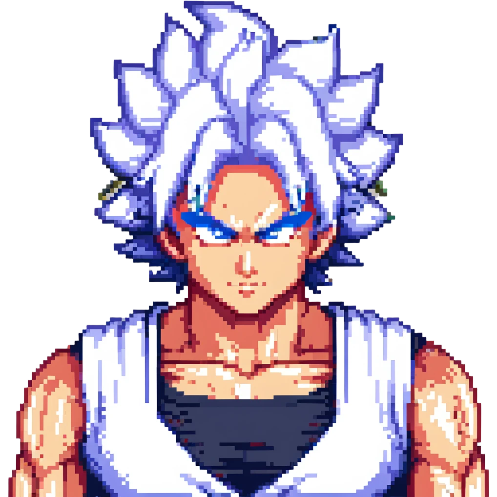 Goku in Ultra Instinct, calm face, silver hair, surrounded by energy, pixel art style emoji