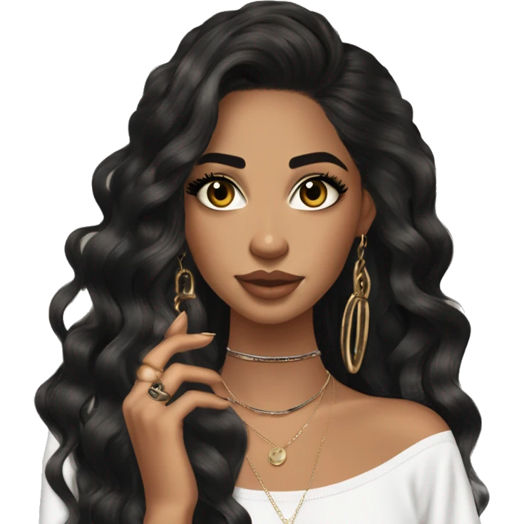 Glamorous, streetwear, black balayage hair, long wavy hair, olive skin, brown almond eyes, winged eyeliner with big lashes, wearing hooped earrings, rings and bracelets, almond fake nails emoji