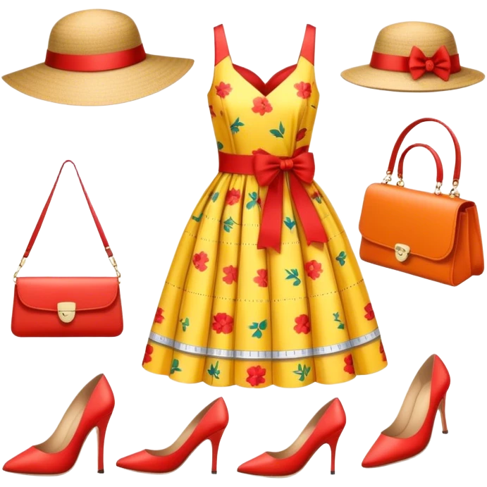 Icon for Fashion Design: a pattern of a bright, beautiful dress with measurements, a ruler, and pencil, along with a hat, shoes, and a handbag. The icon should represent fashion design with attention to detail and style. Transparent background. emoji