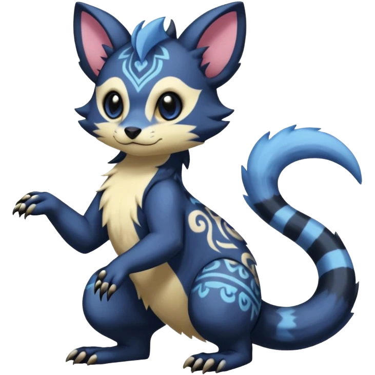 Rare warm-colored exotic cute epic aesthetic gothic colorful Salandit-Furret-Espurr-Meowstic-Civet-species-Fakemon-hybrid-creature, with tribal tattoo markings, full body emoji