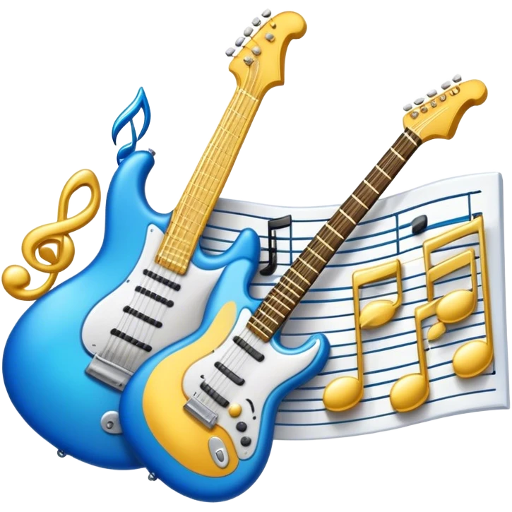 Create an elegant and dynamic emoji that represents music arrangement and orchestration. The design should feature musical notes, a synthesizer, drums, and an electric guitar, symbolizing the diverse instruments used in arranging and orchestrating music. Incorporate flowing lines to represent harmony and rhythm, with a subtle representation of sheet music. Use a combination of vibrant and classic colors like electric blue, gold, and silver, blending the electronic and traditional aspects of arrangement. The background should be transparent. emoji