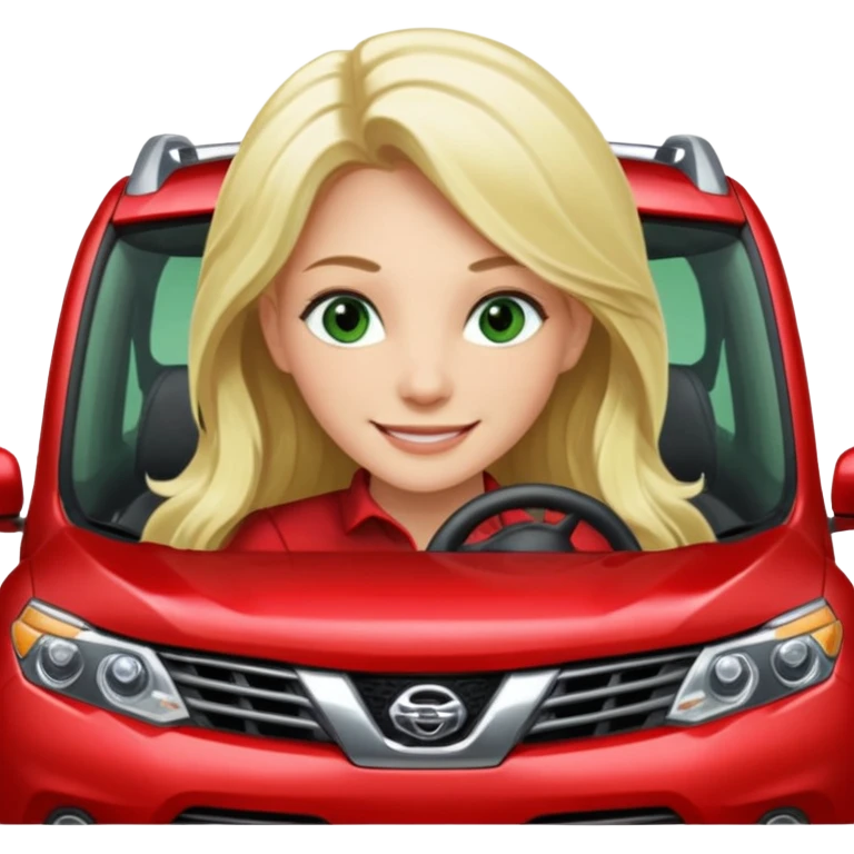 A Smiling Green Eyed, Long Haired Blonde driving a RED NISSAN ROGUE SUV emoji