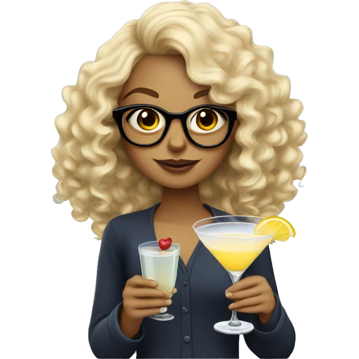 Blonde girl with curly hair and glasses drinking a martini emoji
