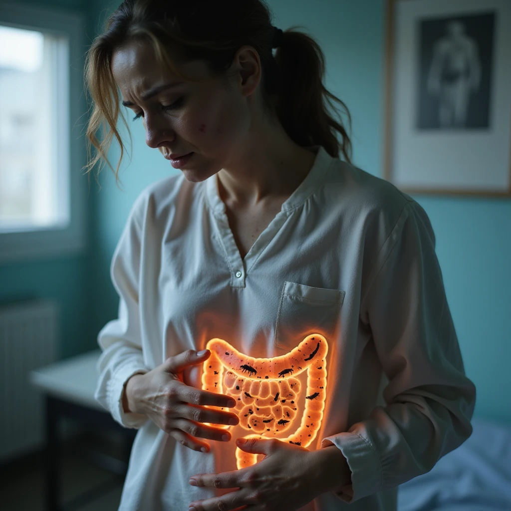 hyperrealistic 4K image of a woman with intestinal parasitosis, curved posture from pain, pale and marked face, medical environment, translucent anatomical illustration with numerous visible parasites in the intestine emoji
