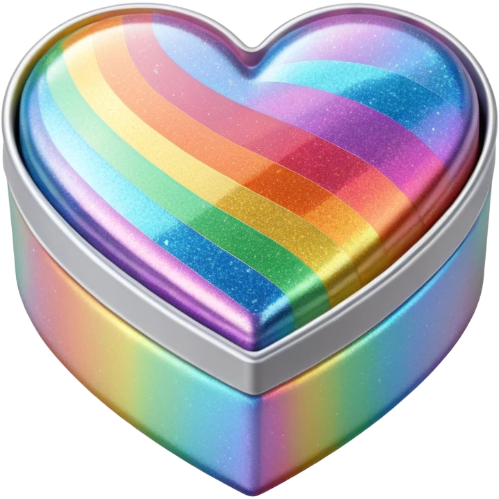 3D isolated, rendering, 8k resolution, 1x1, 8000x8000 pixels, transparent background, no emoji faces, Heart shaped box wrapped in silver metallic paper with 3D appearance holographic rainbow prismatic effect glitter cute emoji