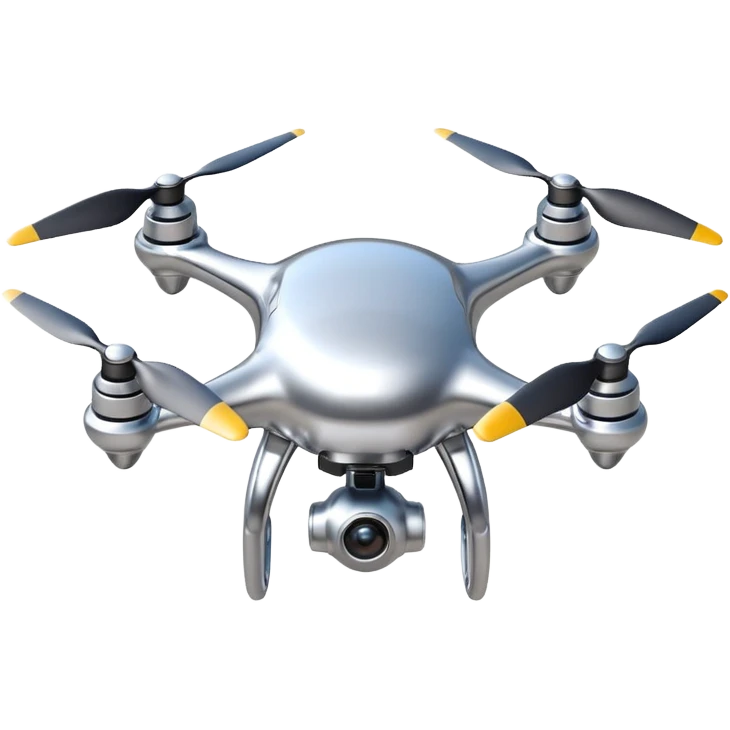 A futuristic drone emoji made of polished silver chrome, smooth rounded body, minimal propellers, reflective metallic surface, soft studio lighting, iOS emoji style, centered, clean white background emoji