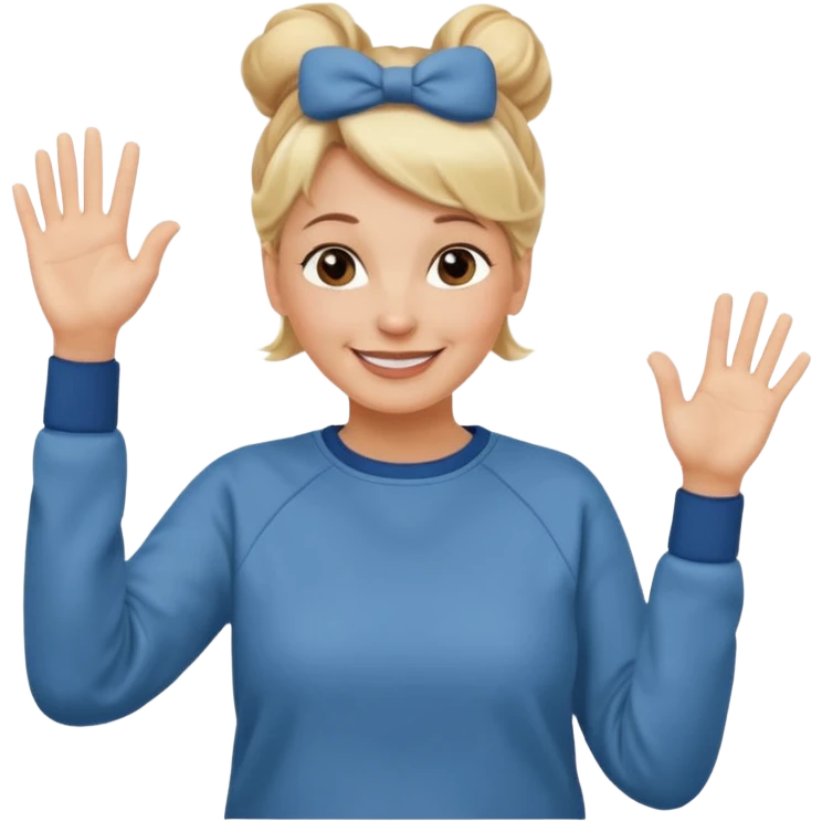 50 year old blonde woman with bun in casual clothes and sweat shirt waving emoji