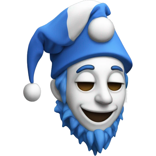 a blue and white moon-themed jester animatronic with a sleeping cap emoji