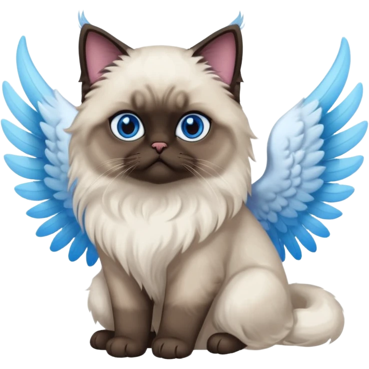 A Himalayan cat with a dark face, dark paws, blue eyes, and angel wings emoji