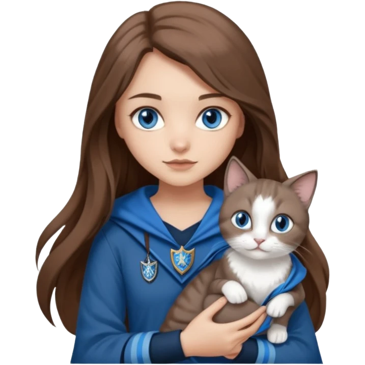 gorgeous Girl with light skin, blue eyes, long brown hair, wears a ravenclaw outfit, with a grey and white cat holding in her arms emoji