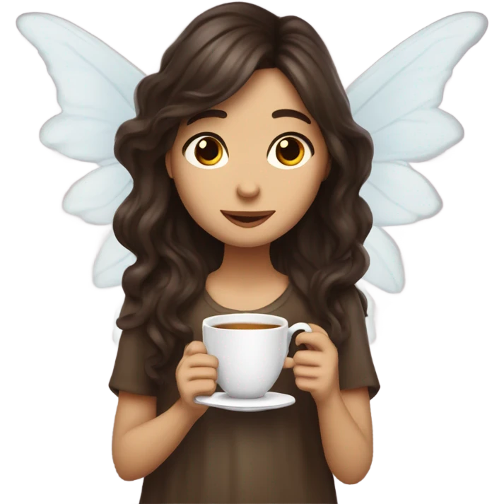 Fairy with long dark brown wavy hair dj-ing and drinking tea with long angel wings emoji