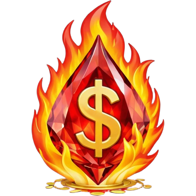 Red flaming crystal with a $ carved into the center of the crystal.Red flaming crystal with a $ carved into the center of the crystal. emoji