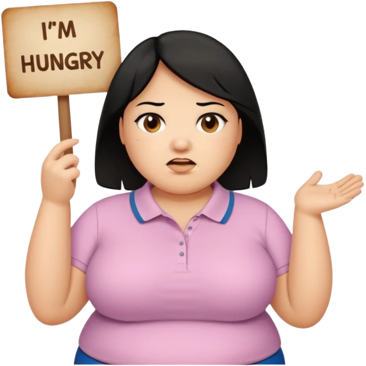 Una señora gorda con cabello negro y p olo corto con un letrero de tengo hambre emoji