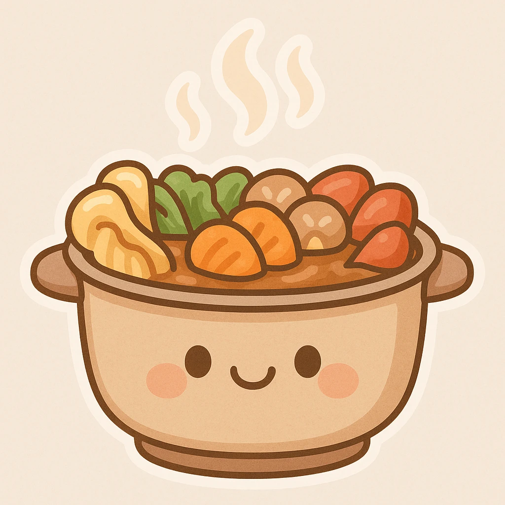 cartoon style hotpot with a smiling face on the pot, steam rising emoji