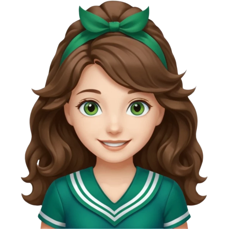 A pretty girl with blue eyes, brown long wavy hair, qnd wear green Hawkins cheerleader uniform emoji
