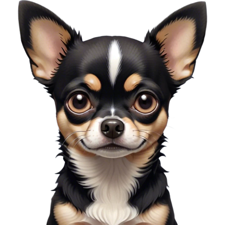 Cinematic Grumpy Black Tri Short Haired Chihuahua Portrait Emoji, Head tilted slightly with a deeply unimpressed expression, thick black tri-color fur with prominent white and tan patches, large, droopy dark eyes narrowed into an unamused glare, ears slightly drooping in exasperation, Simplified yet comically expressive features, highly detailed, glowing with a dry, sarcastic glow, high shine, effortlessly judgmental yet dignified, stylized with a touch of cynicism, bright but brooding, soft glowing outline, capturing the essence of an eternally unimpressed yet endearing pup, so lifelike it feels like it could sigh heavily at you in disdain at any moment! emoji