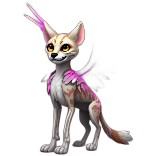 Coyote ocelot standing with grey and black fur and phoenix wings on back and pink ears half skeleton, neon lights emoji