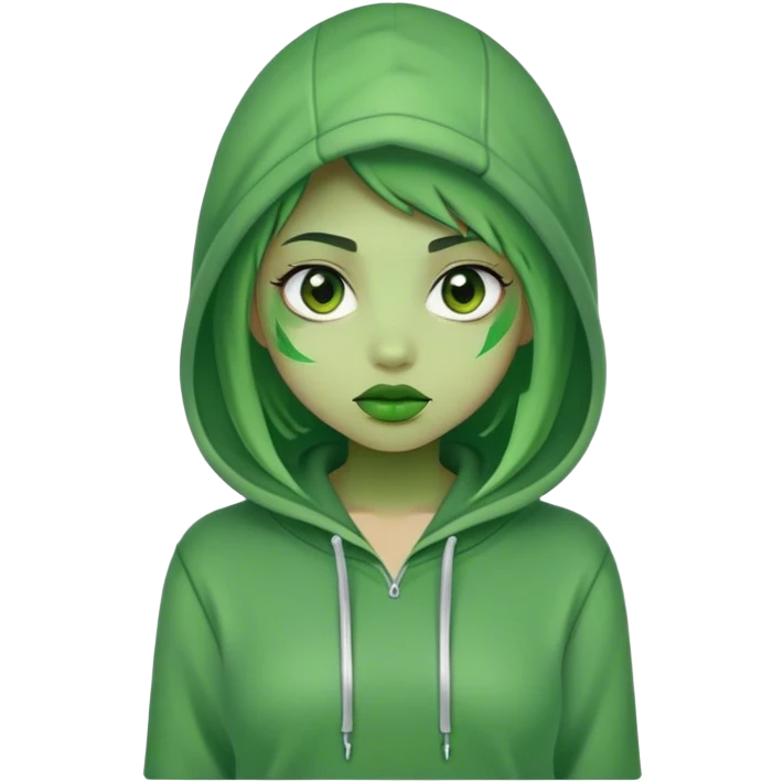 girl wearing hoodie and her face turned green because drinking too much matcha emoji