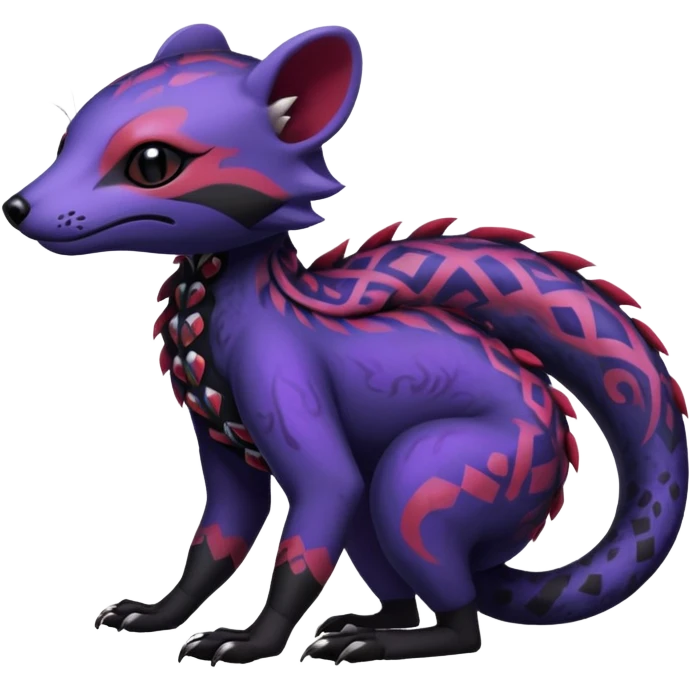 Rare warm-colored exotic gloomy tropical edgy cute epic aesthetic spooky indigo violet purple black red gothic colorful Salandit-Civet-species-Fakemon-hybrid-creature, with tribal tattoo markings, full body emoji