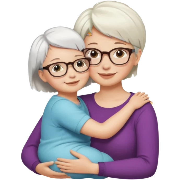 "Woman with short white hair and fair skin, wearing glasses, hugging a baby with short brown hair, smiling emoji