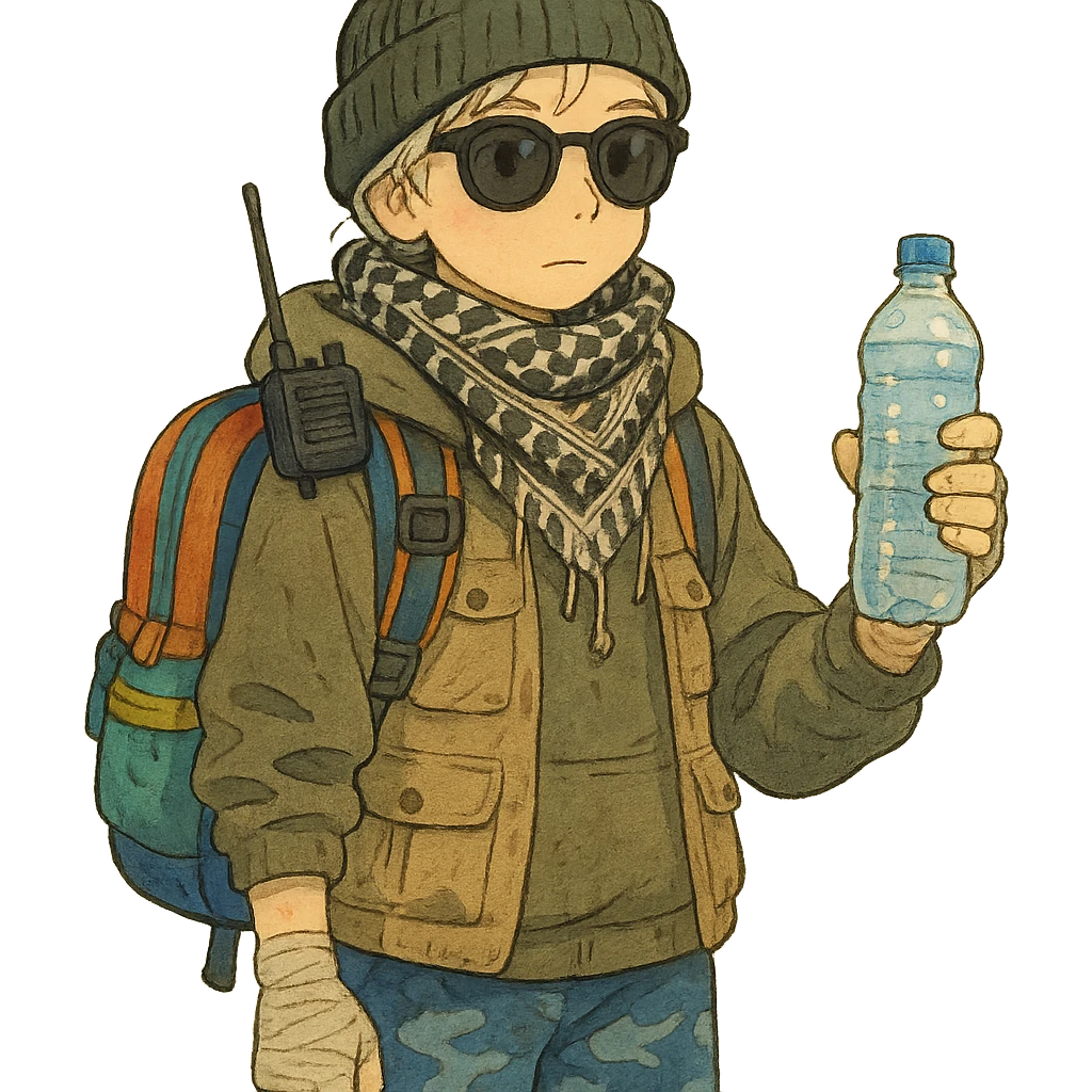 1 female, long white braid, knit cap, dark sunglasses, shemegh neckwrap, fishing vest, vibrant shool backpack, drab hoodie, handwraps, blue camo pants, handheld radio clipped to shoulderstrap of backpack, unkempt, holding a bottle of water emoji