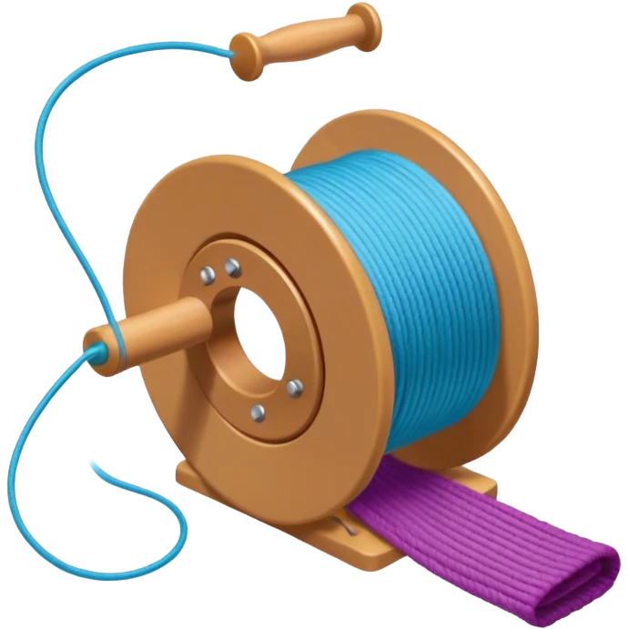 showing a hand neatly winding thread around a spool, yarn reel, or cable roll — showing the action of wrapping or coiling something around — smooth motion lines indicating circular movement, clean colorful emoji-style design emoji