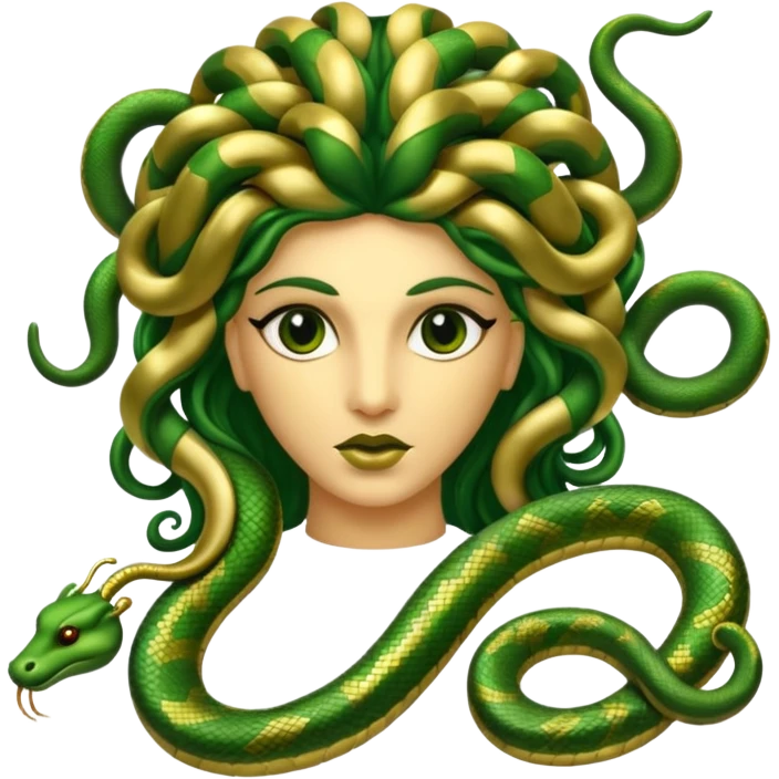 The Sicilian Medusa in gold and green and make the snake hair have snake faces  emoji