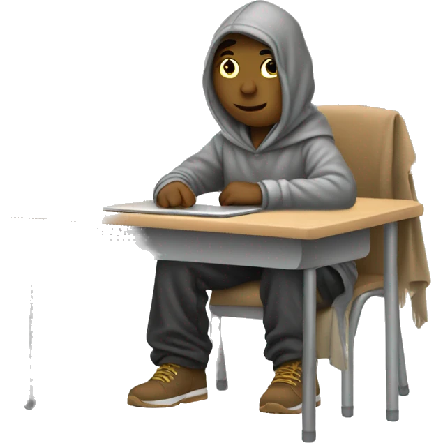 male student sitting at a school desk with a big blanket wrapped around shoulders working on chromebook emoji