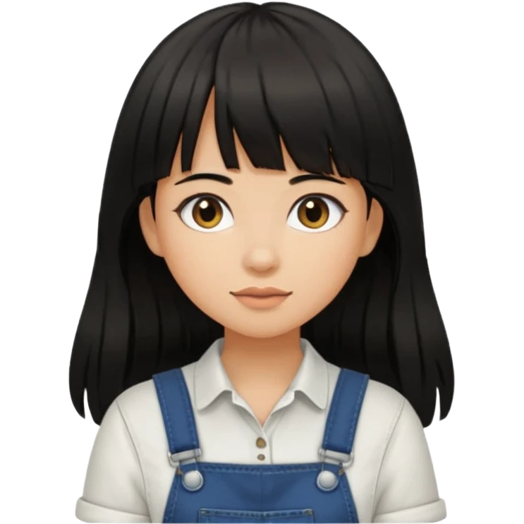 Make it a girl wil long hair like this and look like this  she has brown ish black hair and if has bangs with black overalls and a white shirt she’s not asian emoji