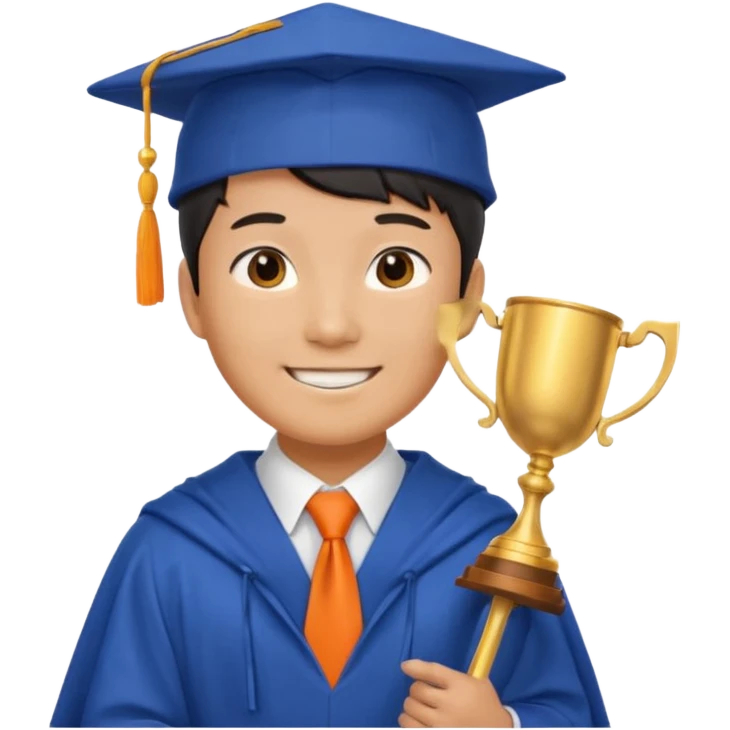 An asian man wearing student hat, blue student mantle and orange tie, holding a trophey emoji